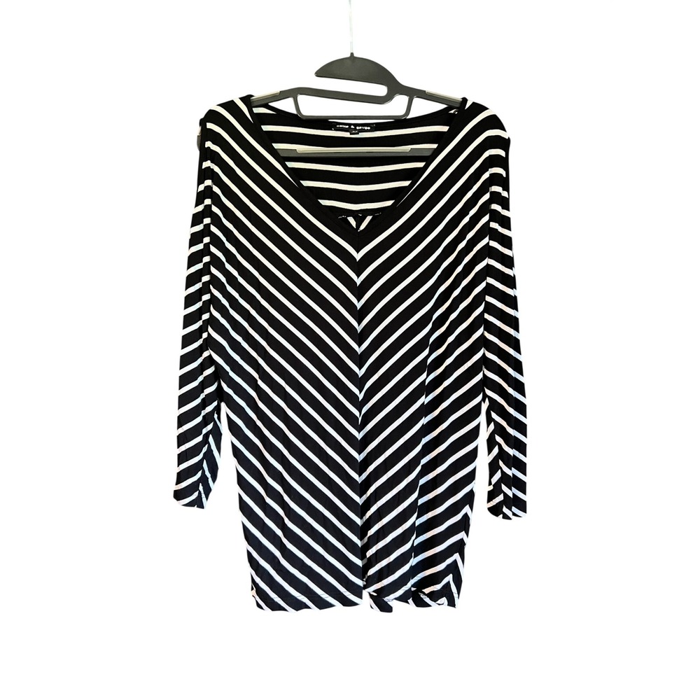 Cable & Gauge Womens Black White Striped Cold Shoulder Top Large